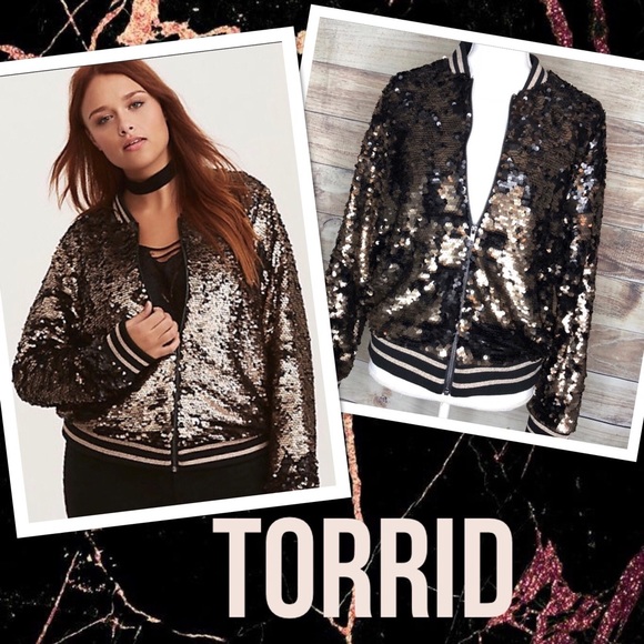 Torrid Matte Black Gold Sequin Bomber Jacket - Picture 2 of 8
